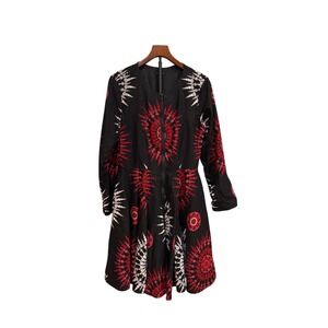 Ray Darten African Print Front Zip Fit Flare Dress Black Red Sunburst Pockets L